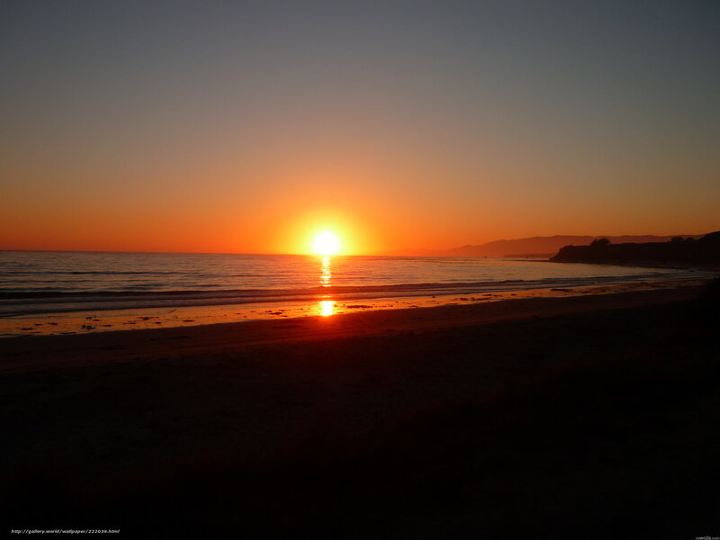Sunset over Ocean — Orange, Serene, Photograph, Beach, Mountains, Sun