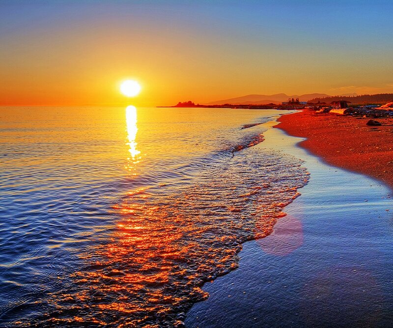 Sunset over Ocean — Orange, Serene, Photograph, Beach, Mountains