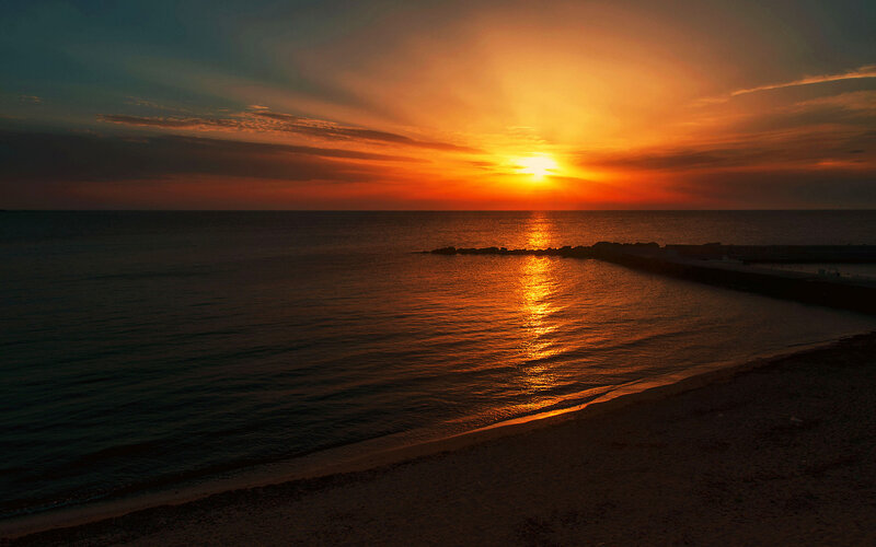 Sunset over Ocean — Orange, Serene, Photograph, Beach, Pier