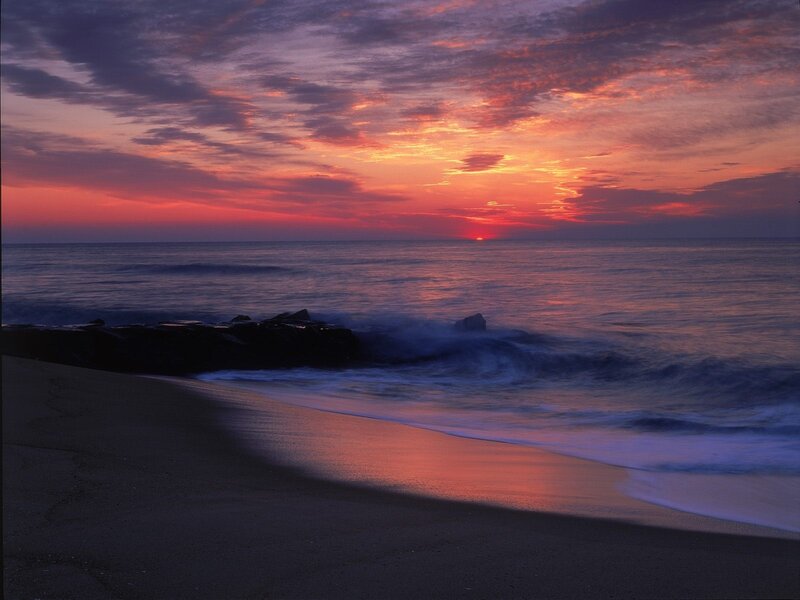 Sunset over Ocean — Orange, Serene, Photograph, Beach, Rocks, Clouds