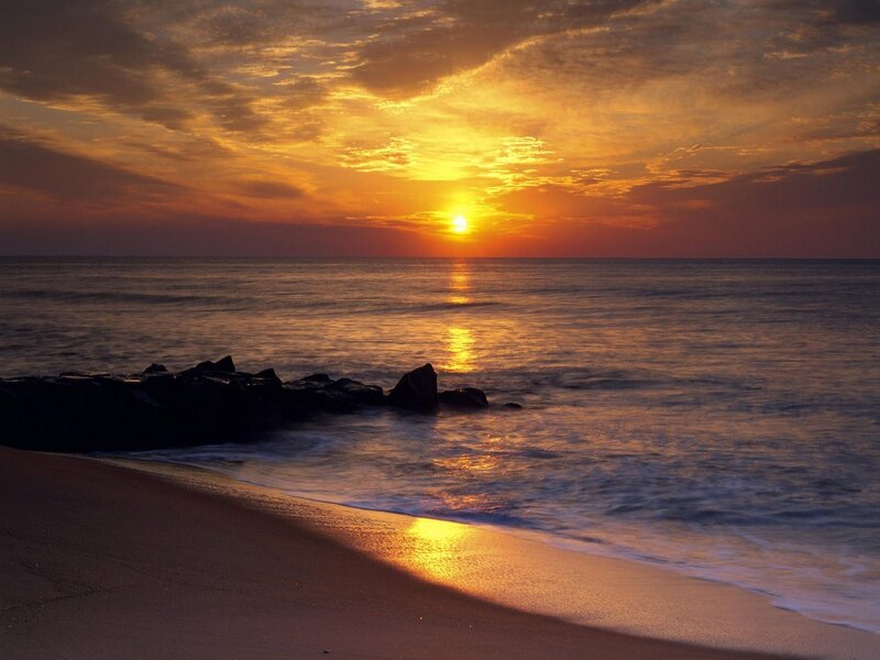 Sunset over Ocean — Orange, Serene, Photograph, Beach, Rocks