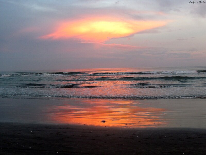 Sunset over Ocean — Orange, Serene, Photograph, Beach, Waves, Clouds
