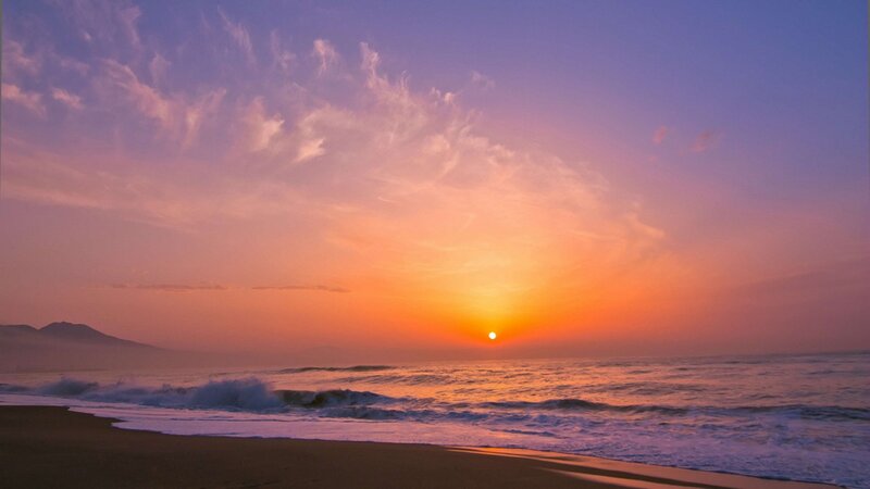 Sunset over Ocean — Orange, Serene, Photograph, Beach, Waves, Mountain