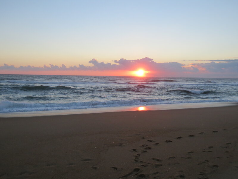 Sunset over Ocean — Orange, Serene, Photograph, Beach, Waves