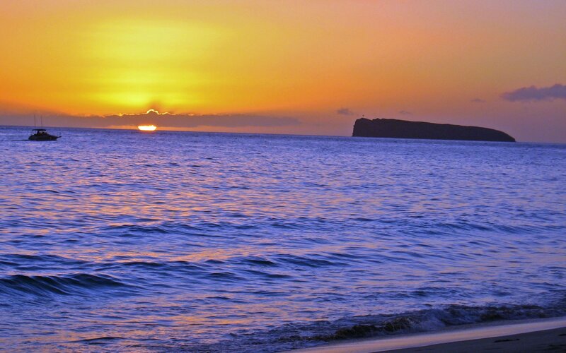 Sunset over Ocean — Orange, Serene, Photograph, Boat, Island
