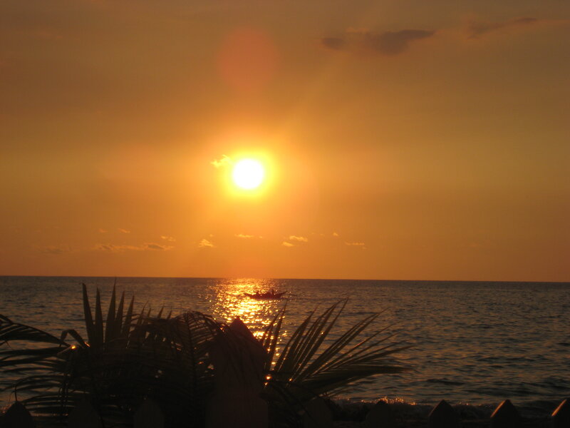 Sunset over Ocean — Orange, Serene, Photograph, Boat, Palm Leaves