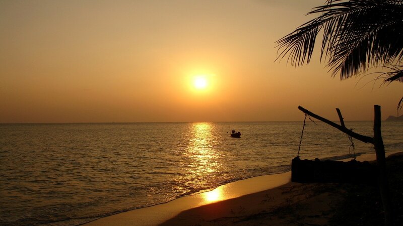 Sunset over Ocean — Orange, Serene, Photograph, Boat, Palm Tree