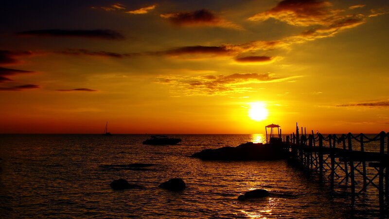 Sunset over Ocean — Orange, Serene, Photograph, Boat, Pier