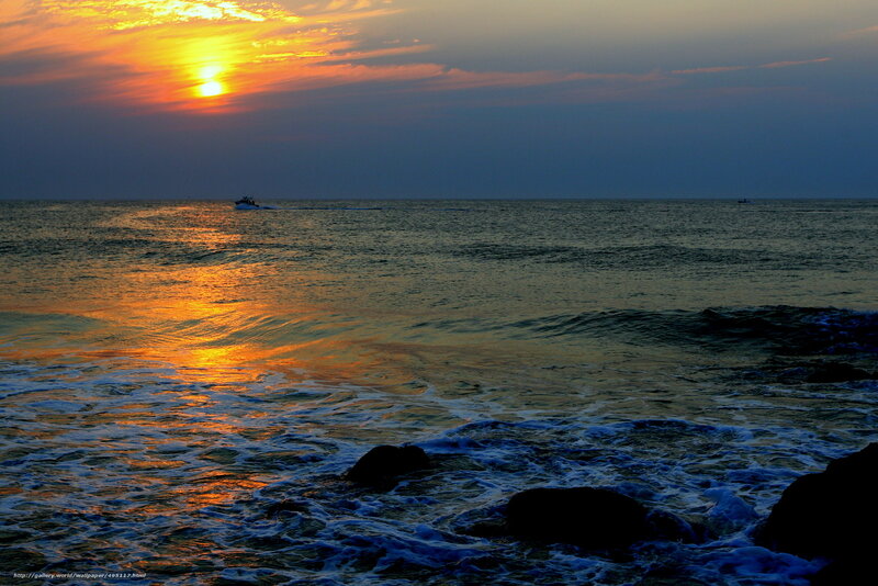 Sunset over Ocean — Orange, Serene, Photograph, Boat, Rocks