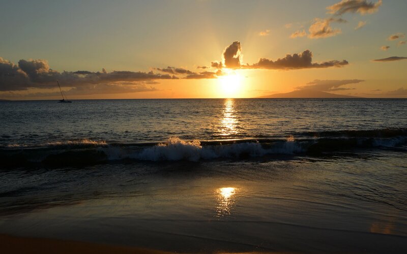 Sunset over Ocean — Orange, Serene, Photograph, Boat, Waves