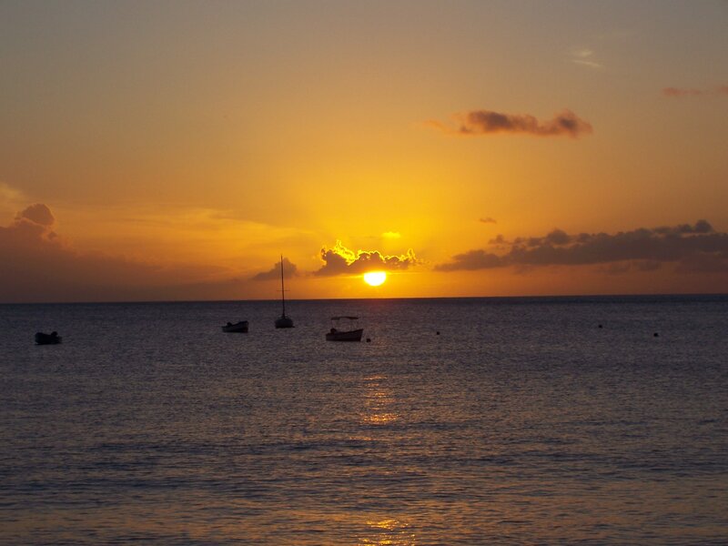 Sunset over Ocean — Orange, Serene, Photograph, Boats, Clouds, Sun