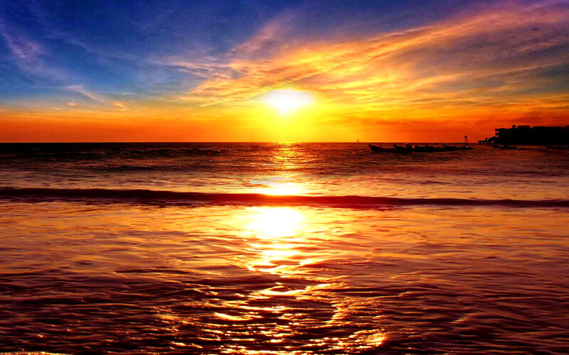Sunset over Ocean — Orange, Serene, Photograph, Boats, Sky