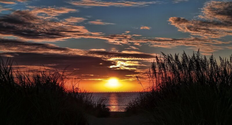 Sunset over Ocean — Orange, Serene, Photograph, Clouds, Grass
