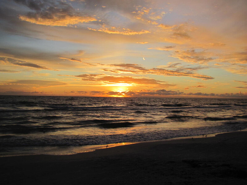 Sunset over Ocean — Orange, Serene, Photograph, Clouds, Sand