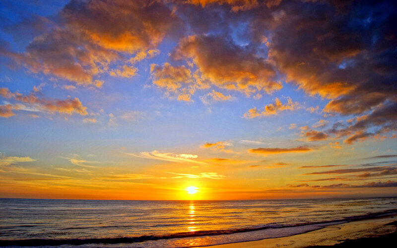 Sunset over Ocean — Orange, Serene, Photograph, Clouds, Sun, Beach
