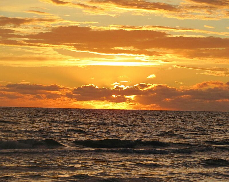 Sunset over Ocean — Orange, Serene, Photograph, Clouds, Sun, Waves