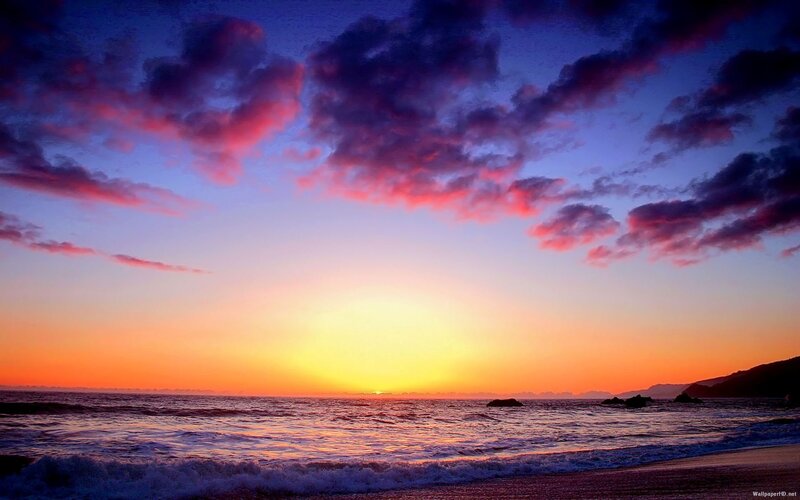 Sunset over Ocean — Orange, Serene, Photograph, Clouds, Waves, Beach, Purple