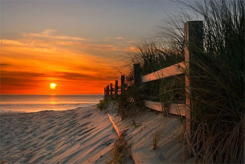 Sunset over Ocean — Orange, Serene, Photograph, Fence