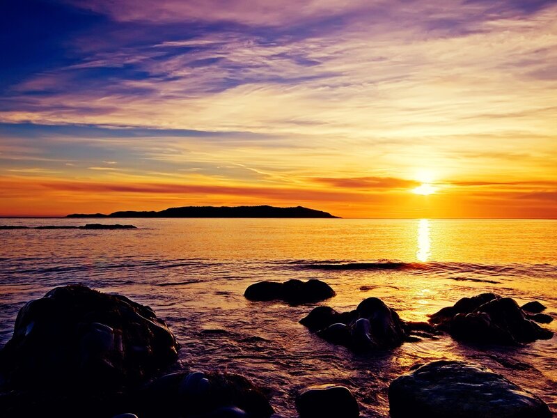 Sunset over Ocean — Orange, Serene, Photograph, Island, Rocks