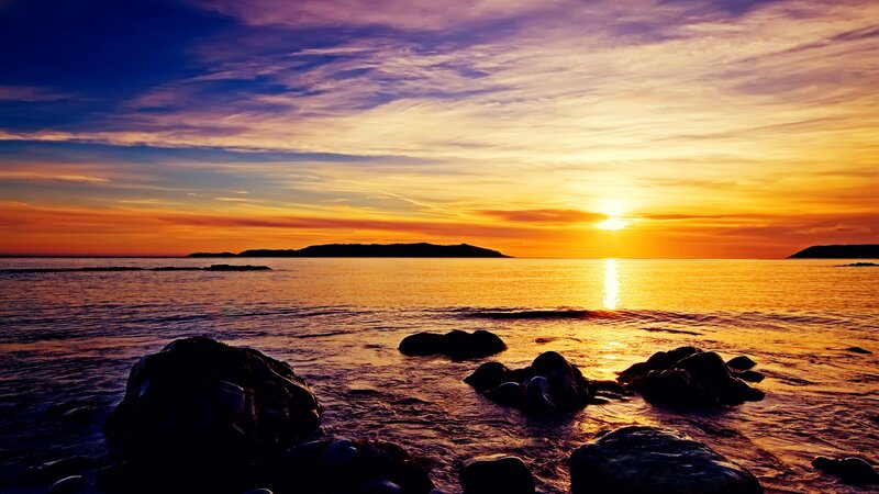 Sunset over Ocean — Orange, Serene, Photograph, Island