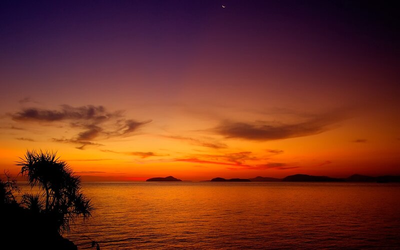 Sunset over Ocean — Orange, Serene, Photograph, Moon, Clouds
