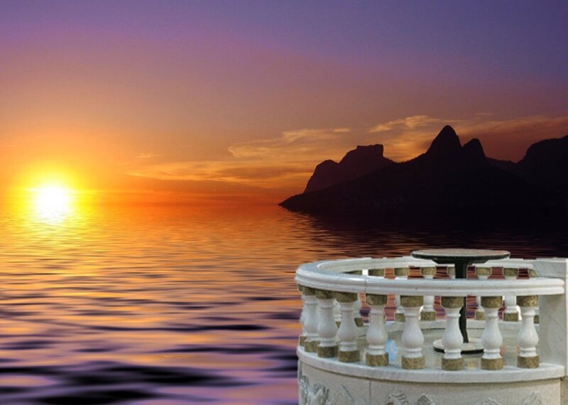 Sunset over Ocean — Orange, Serene, Photograph, Mountains, Balustrade