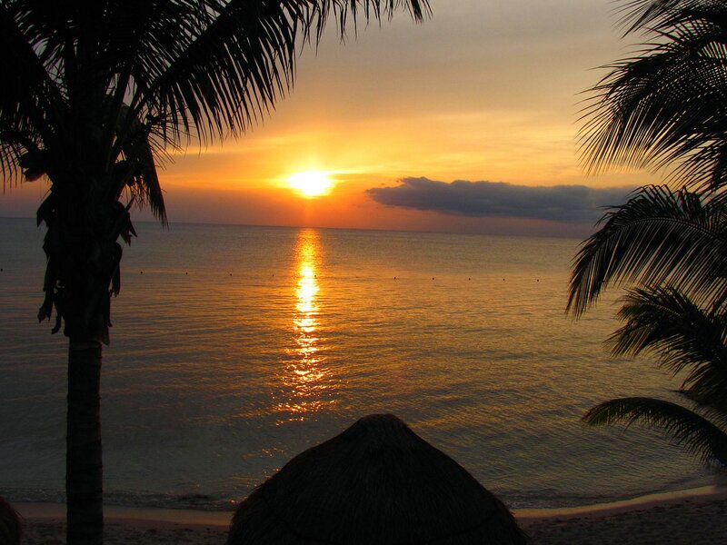 Sunset over Ocean — Orange, Serene, Photograph, Palm Tree, Thatched Roof