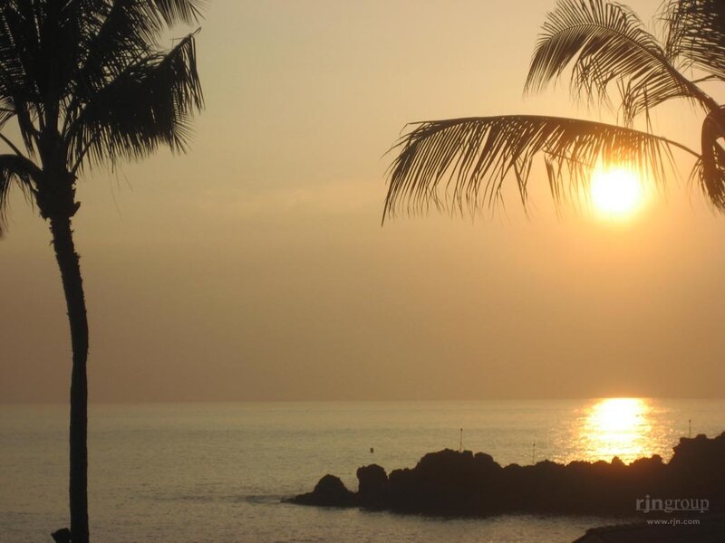 Sunset over Ocean — Orange, Serene, Photograph, Palm Trees, Rocks