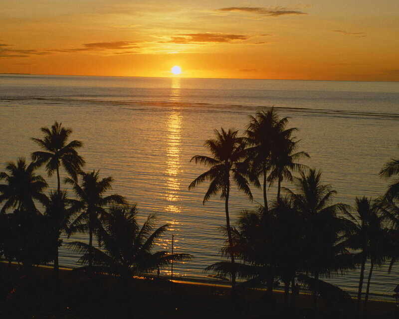 Sunset over Ocean — Orange, Serene, Photograph, Palm Trees, Sun