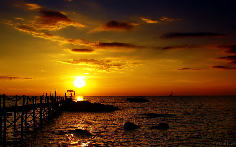Sunset over Ocean — Orange, Serene, Photograph, Pier