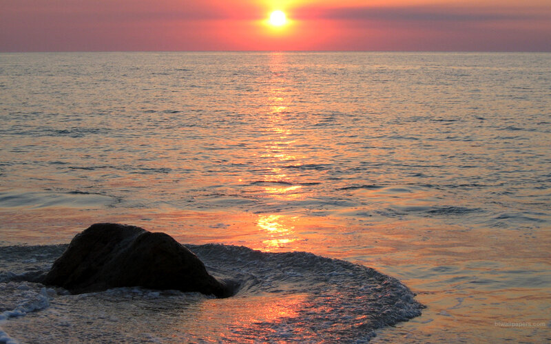 Sunset over Ocean — Orange, Serene, Photograph, Rock
