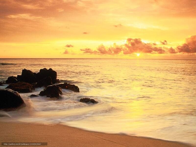 Sunset over Ocean — Orange, Serene, Photograph, Rocks, Sand