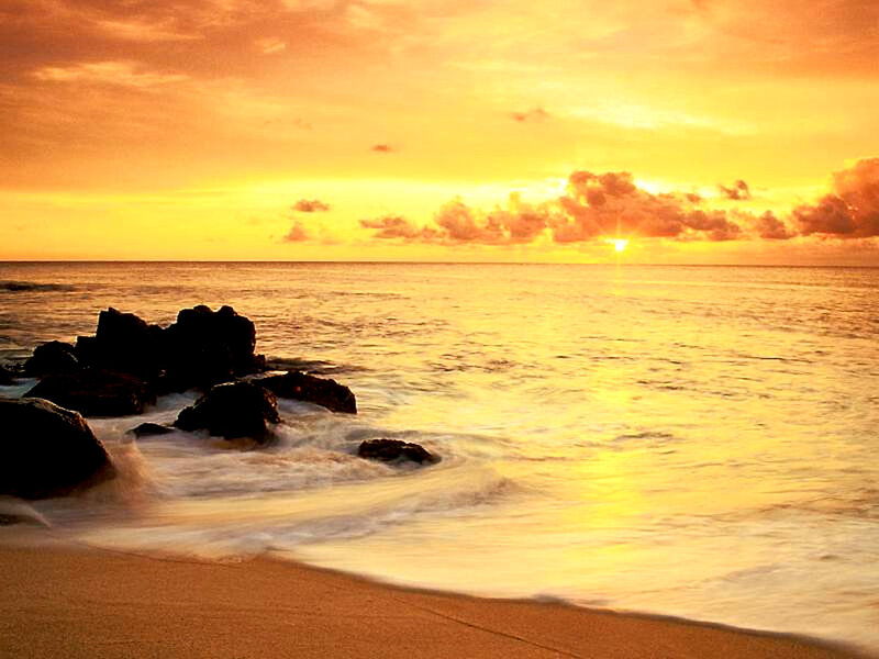 Sunset over Ocean — Orange, Serene, Photograph, Rocks, Waves