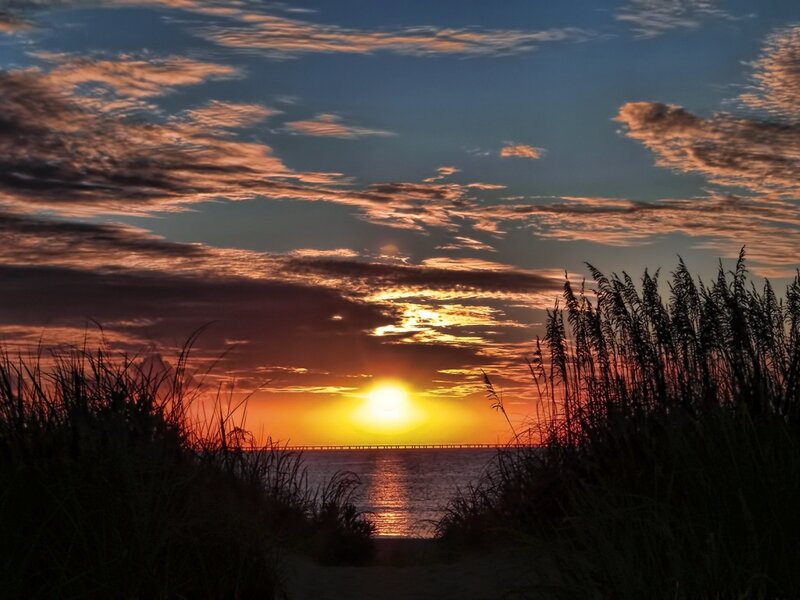Sunset over Ocean — Orange, Serene, Photograph, Sand Dunes, Grass