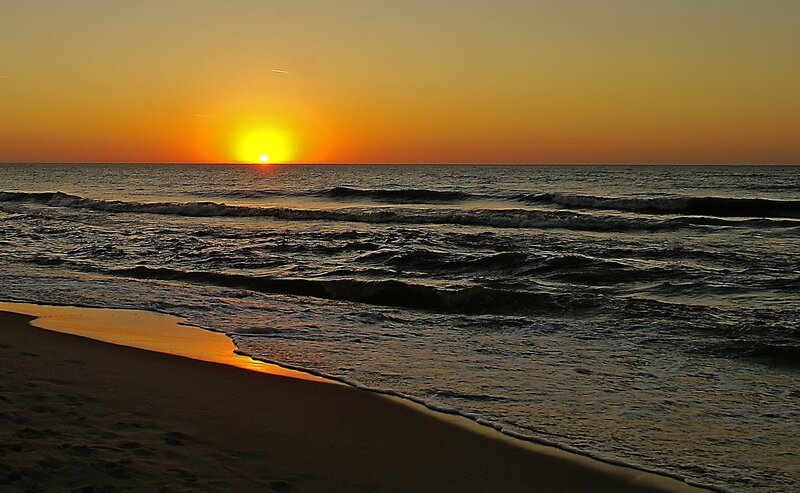 Sunset over Ocean — Orange, Serene, Photograph, Sand, Sun