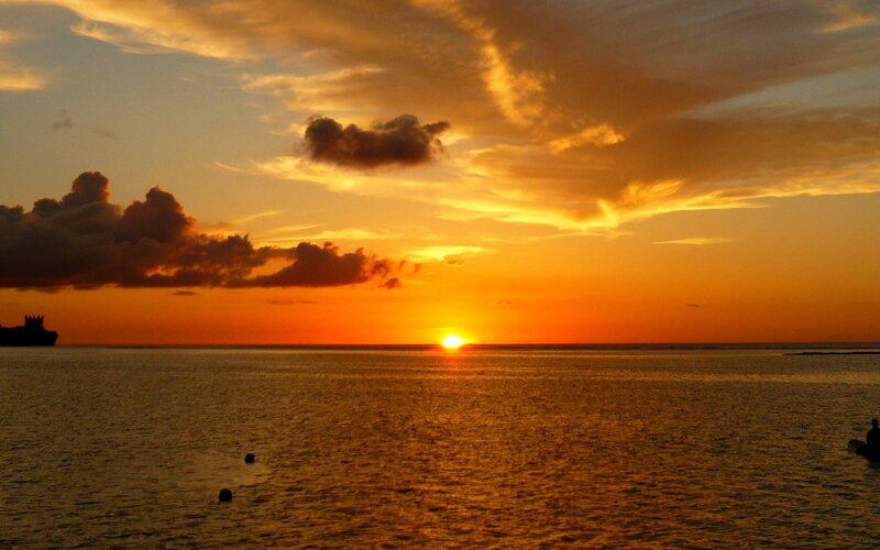 Sunset over Ocean — Orange, Serene, Photograph, Ship, Clouds