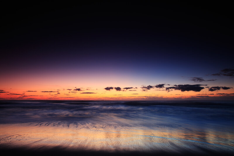 Sunset over Ocean — Orange, Serene, Photograph, Sky, Clouds, Beach