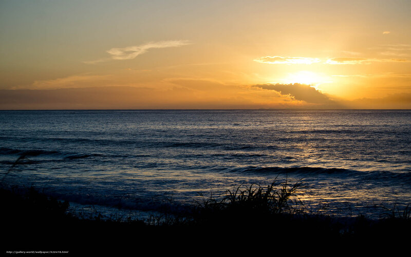 Sunset over Ocean — Orange, Serene, Photograph, Sky, Clouds, Grass