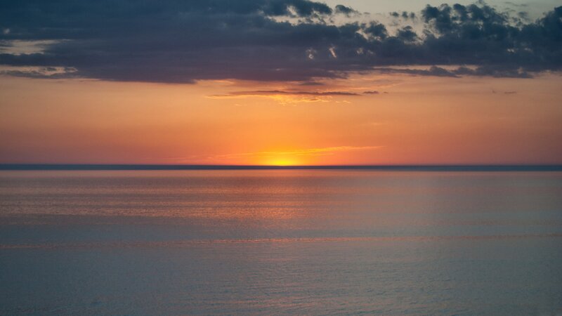 Sunset over Ocean — Orange, Serene, Photograph, Sky, Clouds, Horizon
