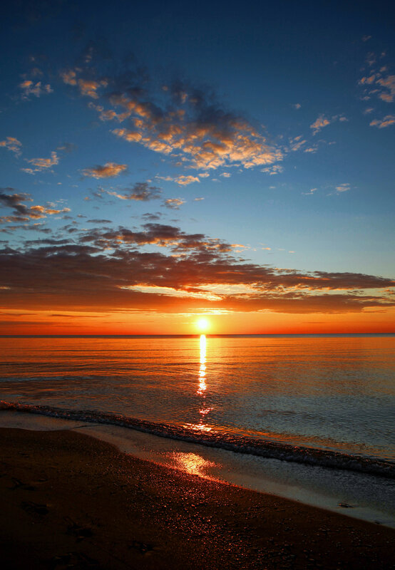 Sunset over Ocean — Orange, Serene, Photograph, Sky, Clouds, Sand