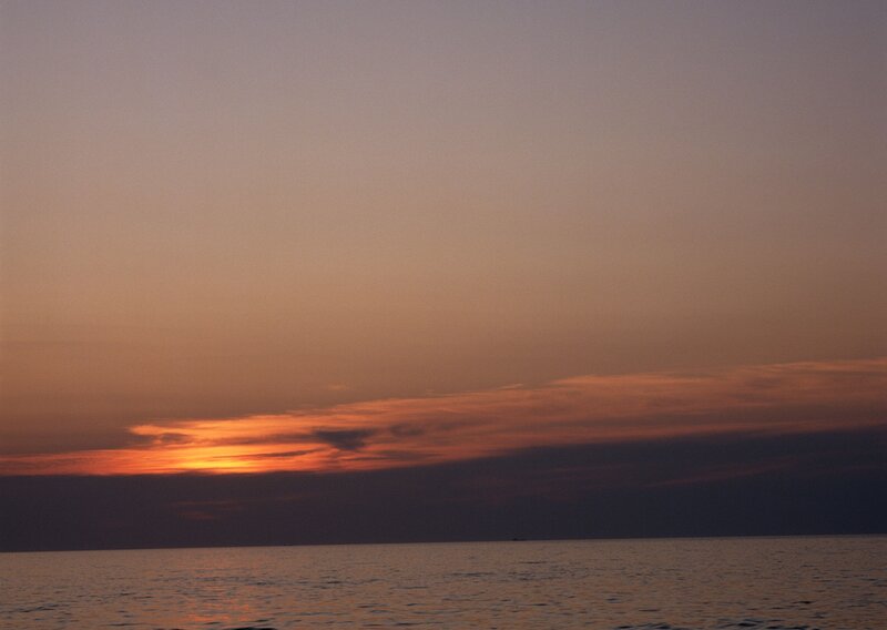 Sunset over Ocean — Orange, Serene, Photograph, Sky, Clouds, Water, Purple, Blue