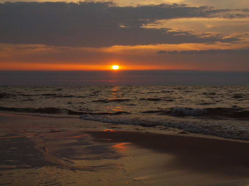 Sunset over Ocean — Orange, Serene, Photograph, Sky, Sand
