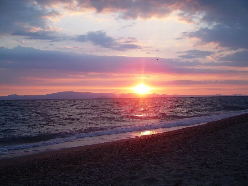 Sunset over Ocean — Orange, Serene, Photograph, Sun, Beach, Mountains