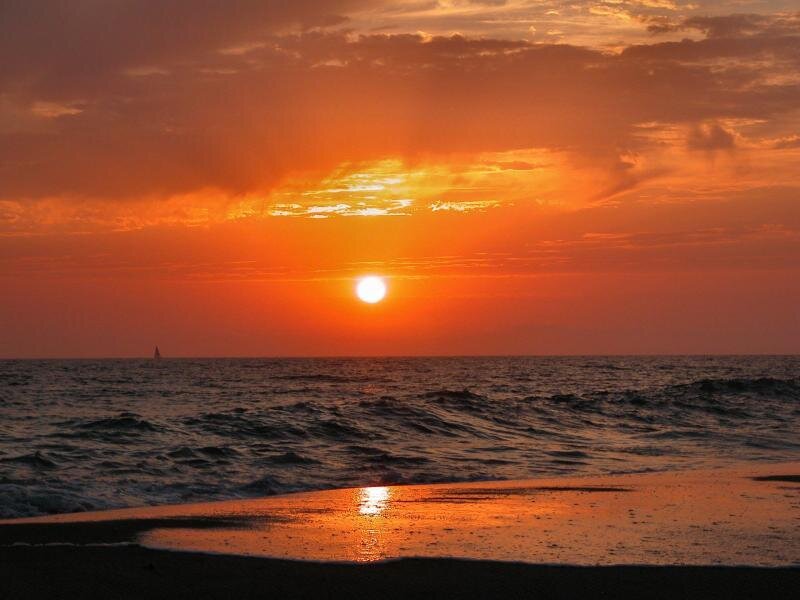Sunset over Ocean — Orange, Serene, Photograph, Sun, Beach, Sailboat