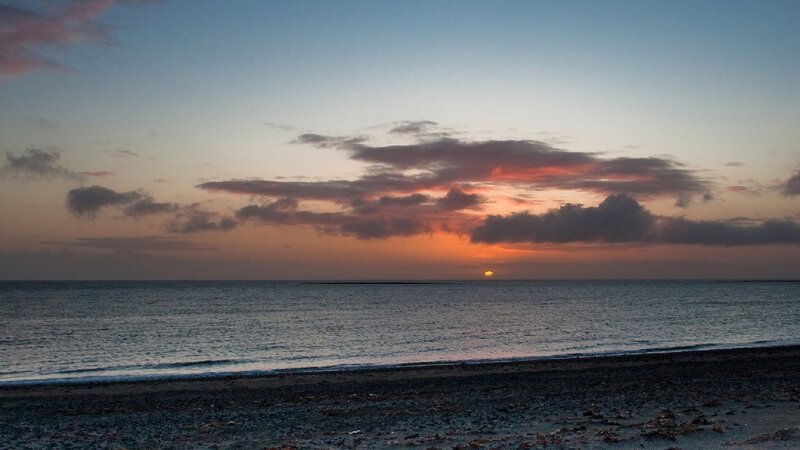 Sunset over Ocean — Orange, Serene, Photograph, Sun, Clouds, Beach
