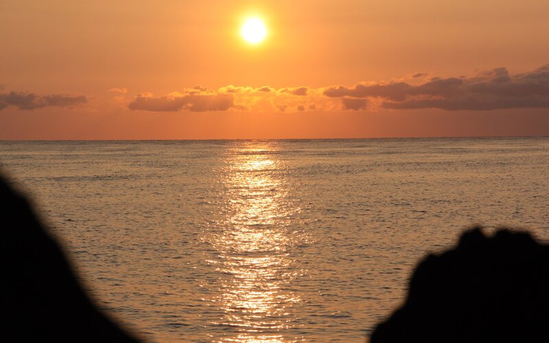 Sunset over Ocean — Orange, Serene, Photograph, Sun, Clouds, Rocks