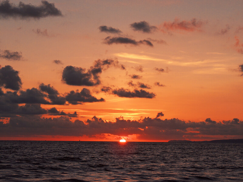 Sunset over Ocean — Orange, Serene, Photograph, Sun, Clouds, Sea, Island