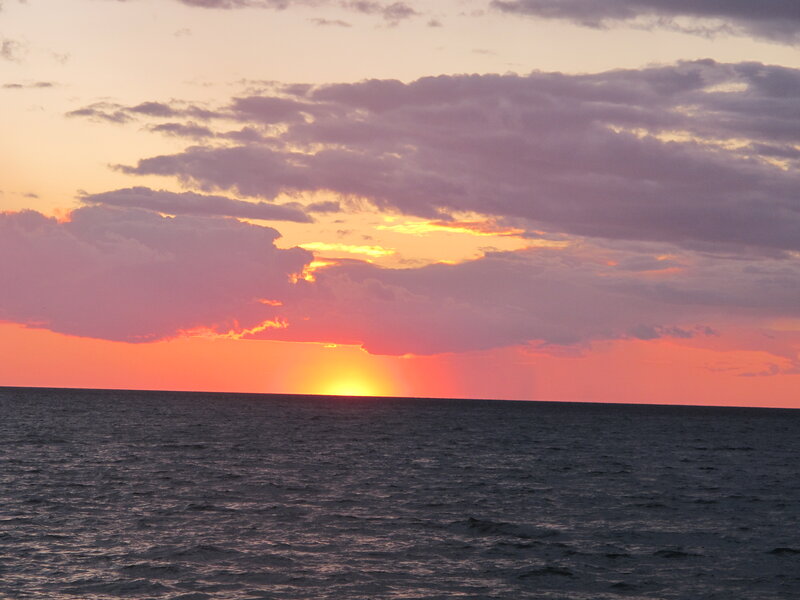 Sunset over Ocean — Orange, Serene, Photograph, Sun, Clouds, Sea