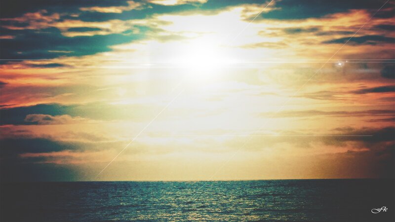 Sunset over Ocean — Orange, Serene, Photograph, Sun, Clouds, Sea, Yellow, Blue