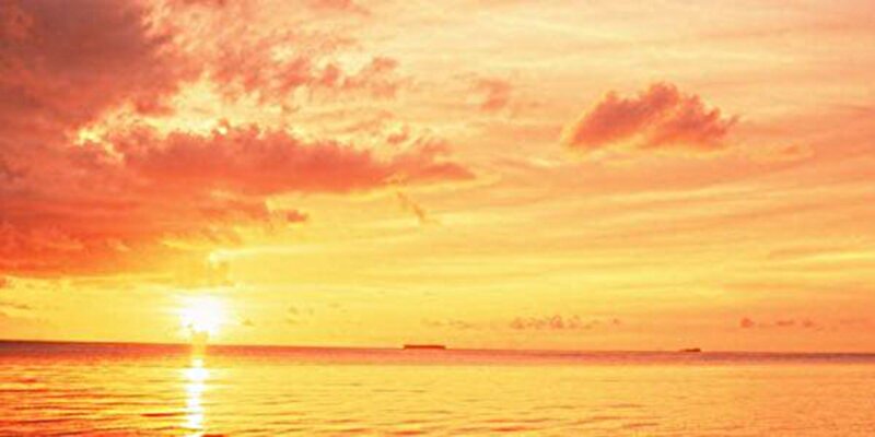 Sunset over Ocean — Orange, Serene, Photograph, Sun, Clouds, Ship